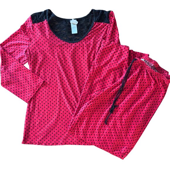 In Bloom Womens Pajama Set L Red & Black Polka Dot Lace Back Detail - Picture 1 of 16